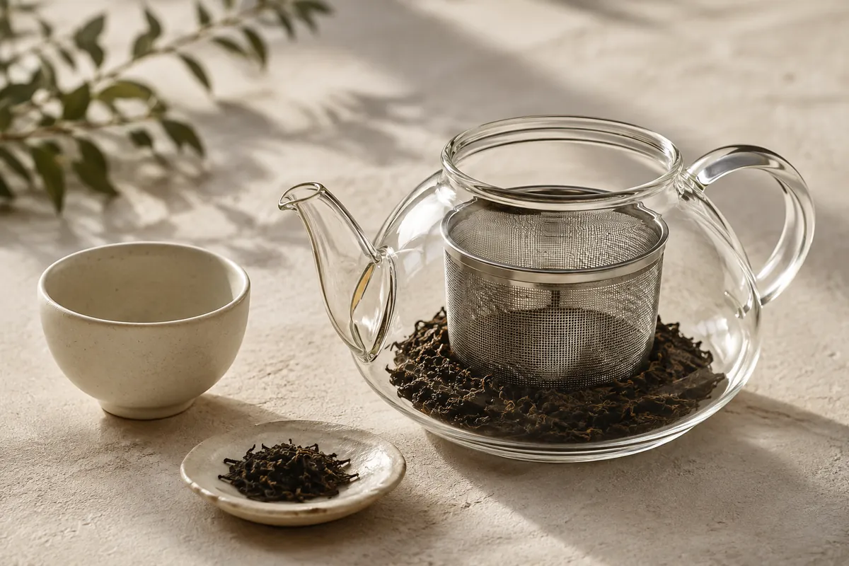 A wide stainless steel mesh basket sitting inside a glass teapot with loose dark tea leaves in the bottom of it