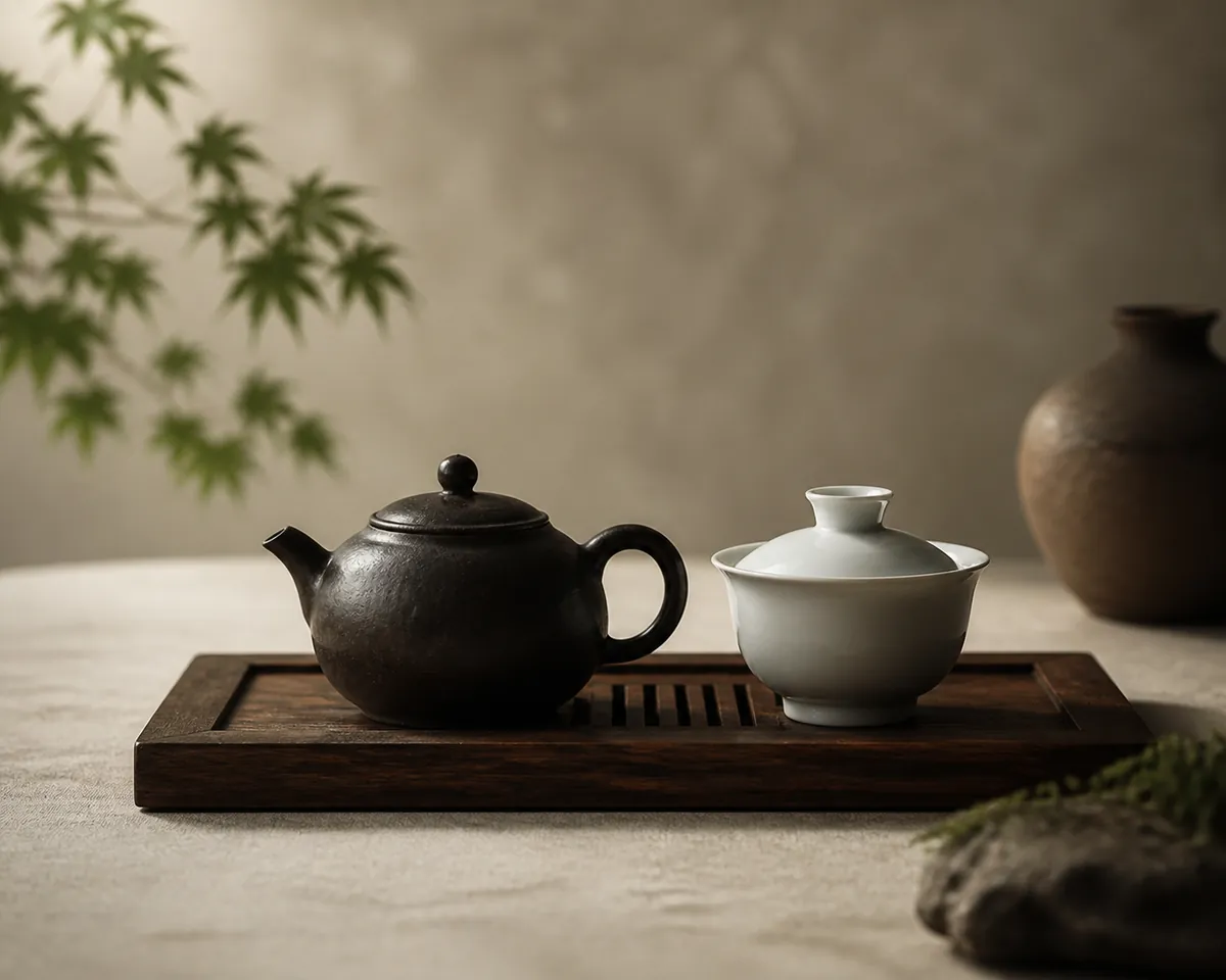A dark seasoned clay teapot and a white porcelain lidded bowl standing side by side on a wooden tea tray