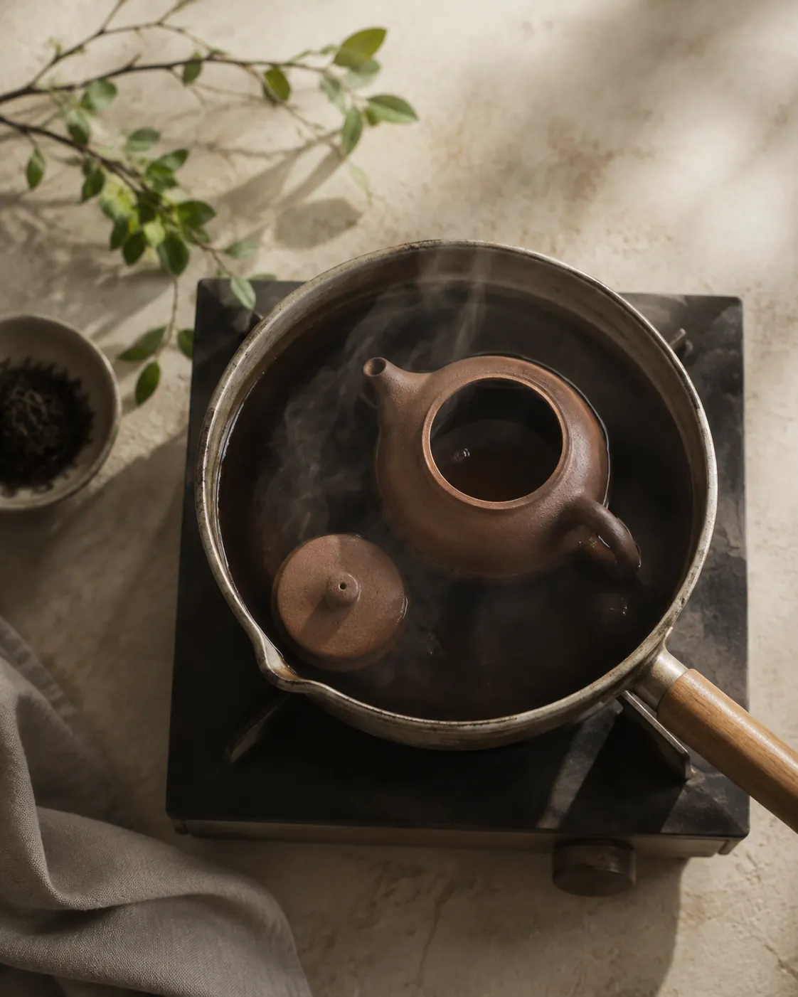 A small unglazed clay teapot and its lid submerged in a pan of dark tea on a hob, steam rising