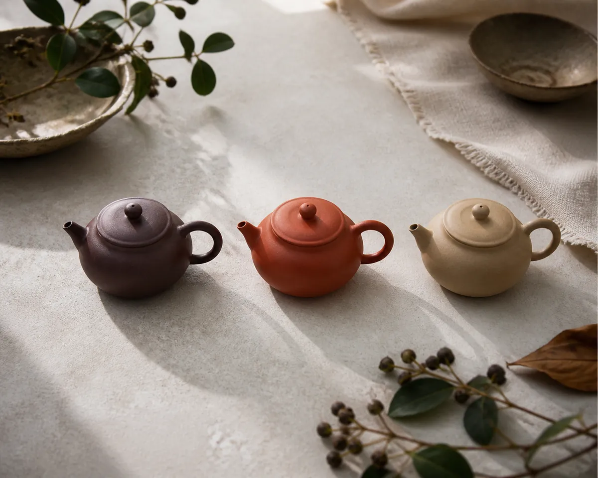 Three small unglazed teapots in a row showing purple-brown, deep red and pale beige clay against a grey stone surface