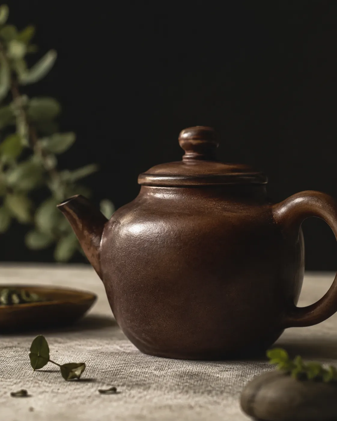 An old clay teapot with a deep soft sheen from long use, held in close view against a plain dark background