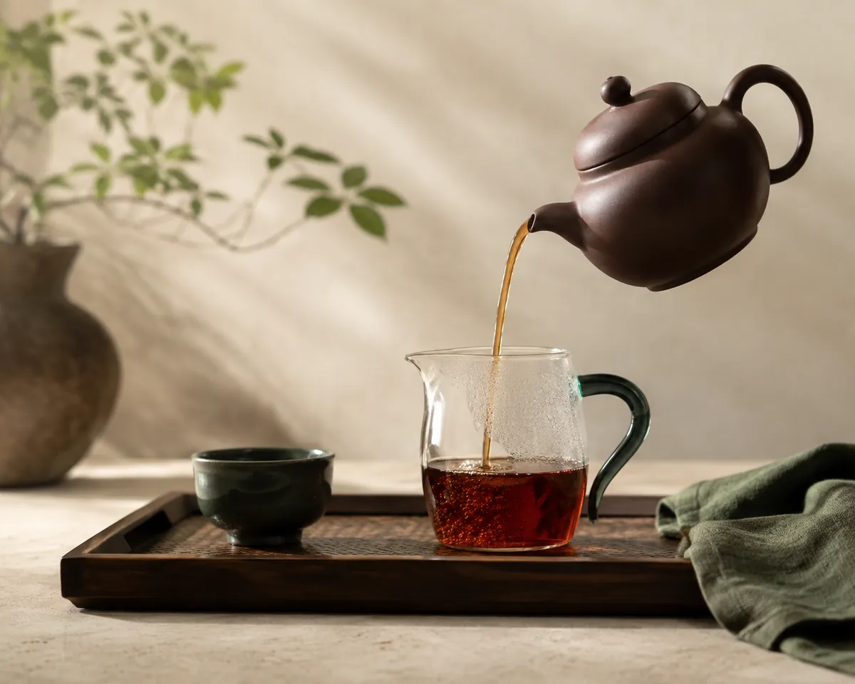 A small clay teapot pouring dark amber tea into a glass fairness pitcher on a wooden tray