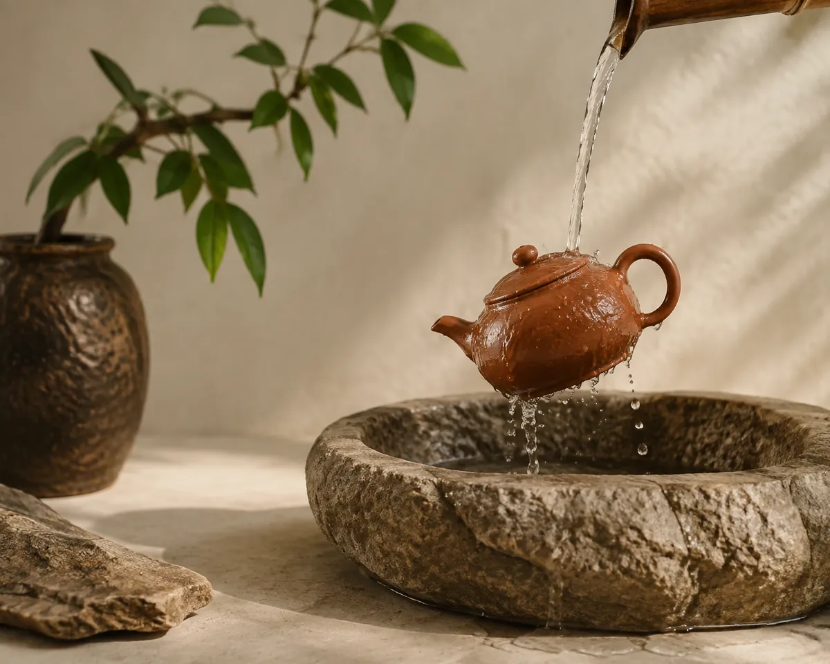 A small clay teapot being rinsed under a stream of clear hot water over a stone sink, no cloth or brush in sight