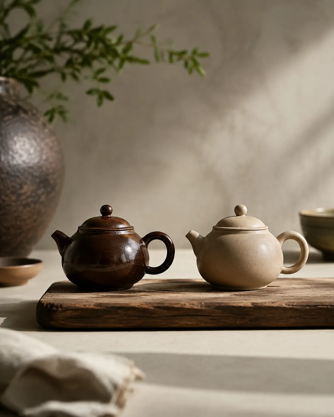 Two small unglazed clay teapots side by side, one dark and glossy from long use and one still matt and pale
