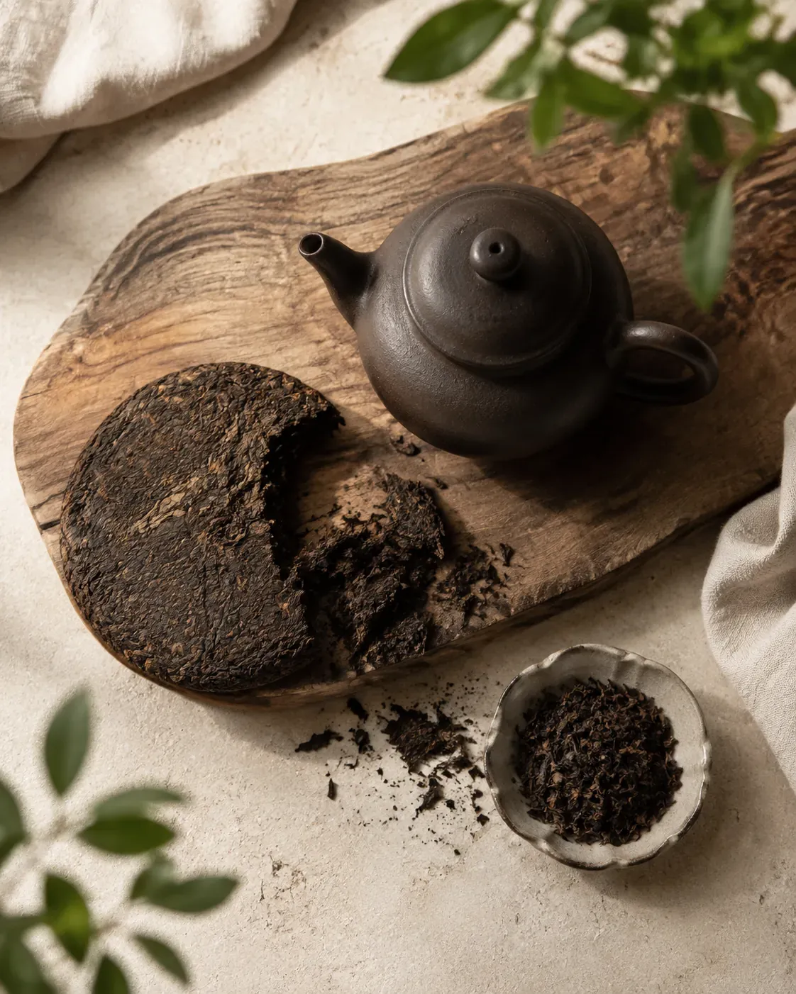 A dark seasoned clay teapot beside a broken disc of compressed pu-erh tea on a wooden board