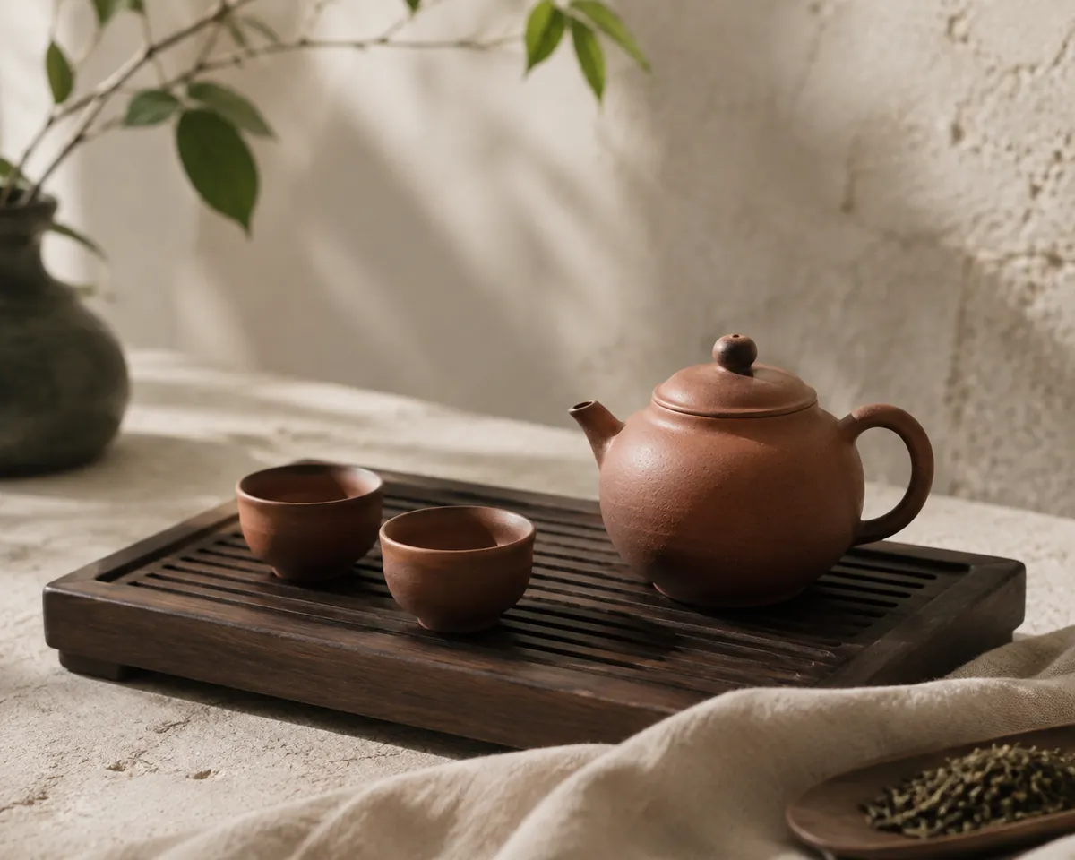 A small unglazed reddish-brown Yixing clay teapot with its lid seated, on a wooden tea tray