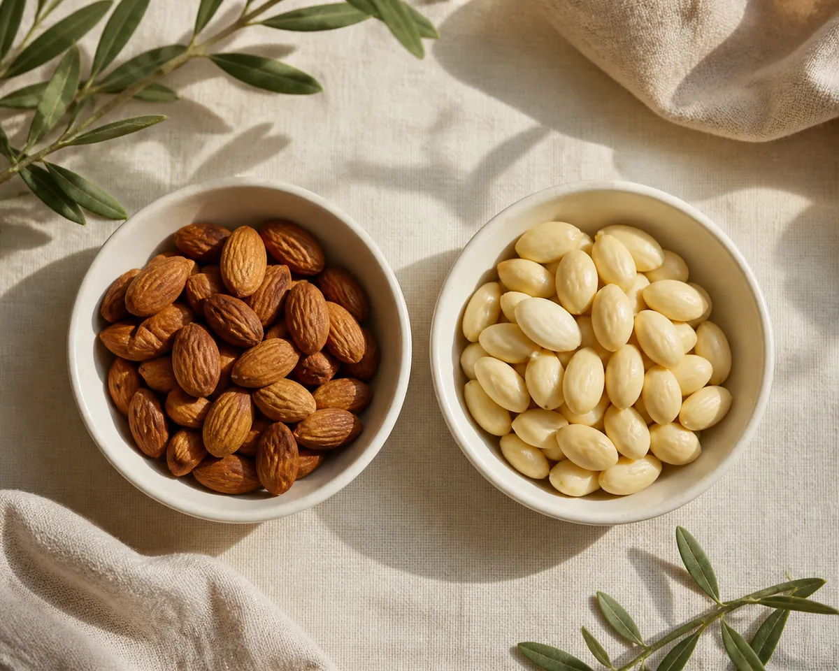 Two small dishes of almonds side by side, the left with brown skins still on and the right blanched pale and skinless