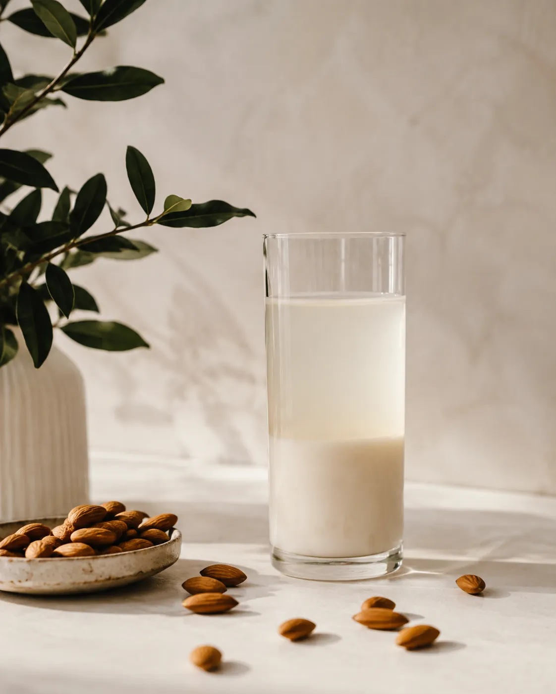 A tall glass of almond milk that has separated, a thin watery layer sitting above a denser pale layer