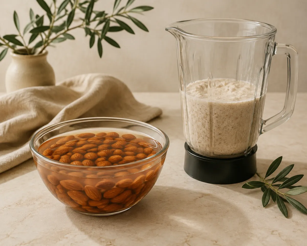 A glass bowl of raw almonds covered in water and swollen from soaking, beside a blender jug of pale almond slurry