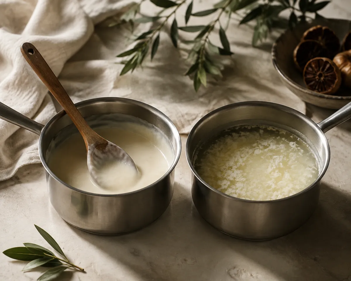 Two small saucepans side by side, the left holding a thickened creamy liquid coating a wooden spoon and the right a watery liquid broken into pale flecks