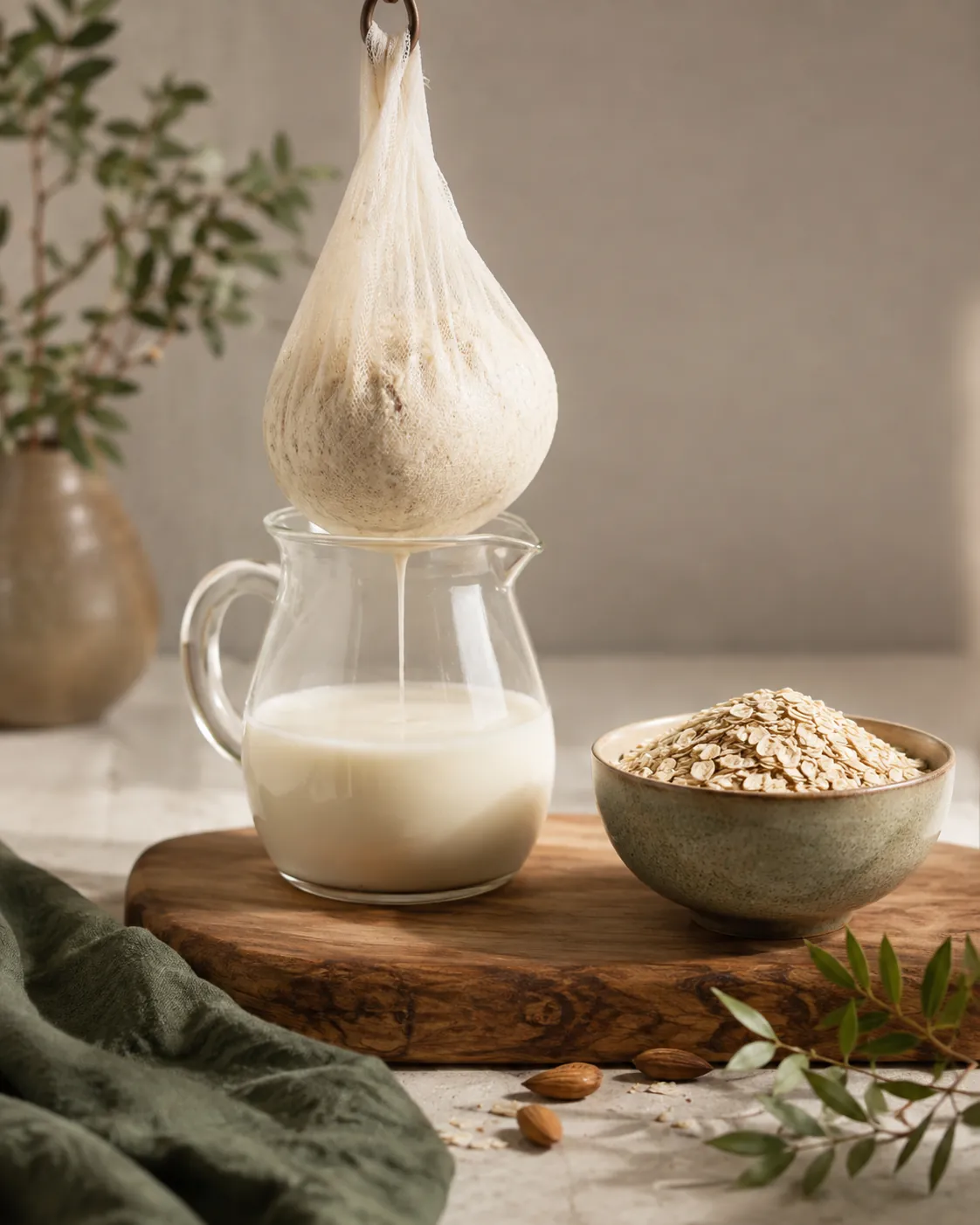 A straining bag heavy with wet almond pulp draining into a jug of pale liquid, beside a bowl of dry rolled oats
