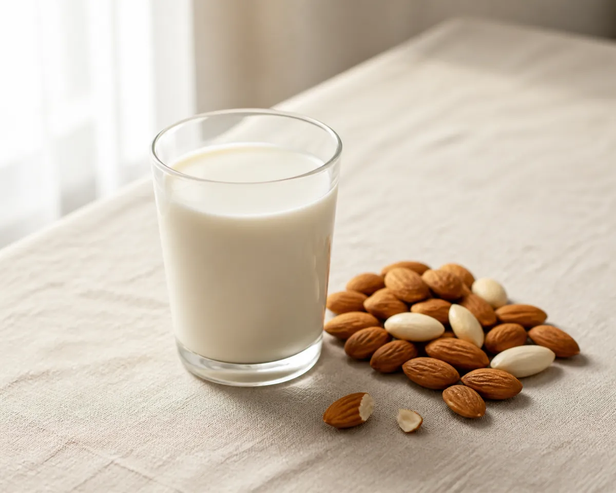 A glass of almond milk beside a small pile of whole almonds on a pale stone surface