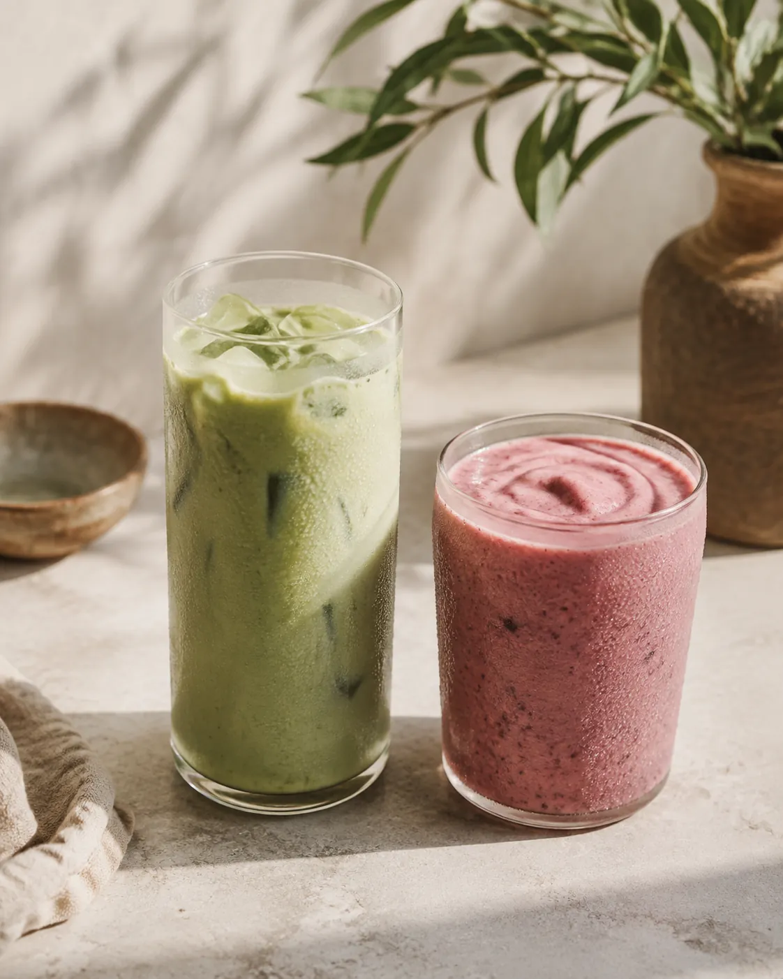 A tall glass of pale green iced matcha beside a thick pink berry smoothie, both made with a creamy plant milk