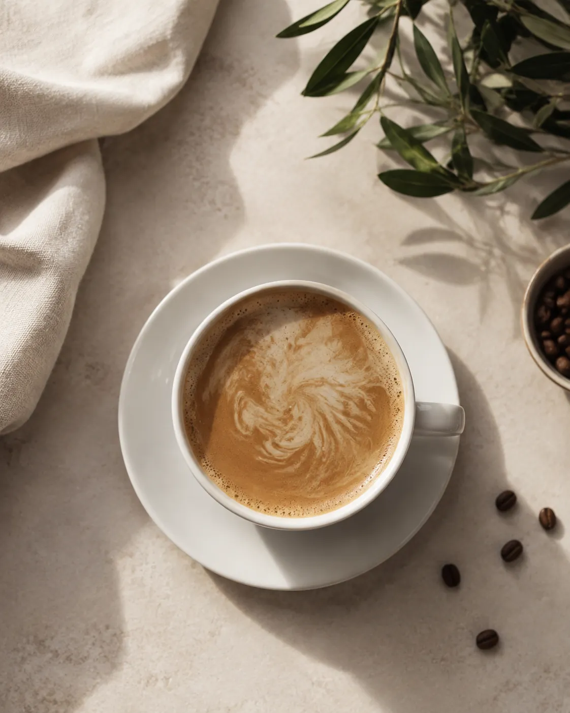 A cup of coffee poured with plant milk where the pale surface pattern is already blurring and thinning at the rim