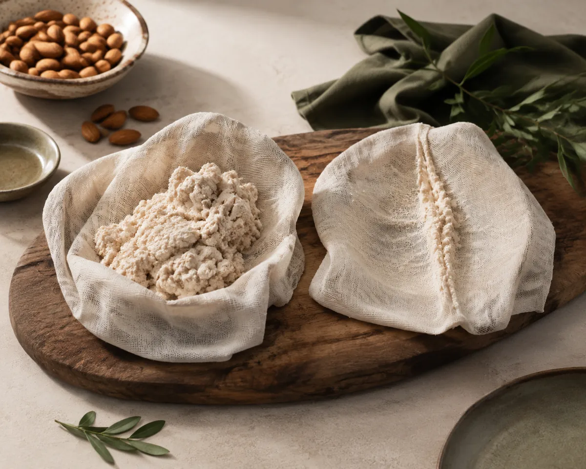 Two straining bags opened on a board, the left holding a thick wad of damp almond pulp and the right almost empty
