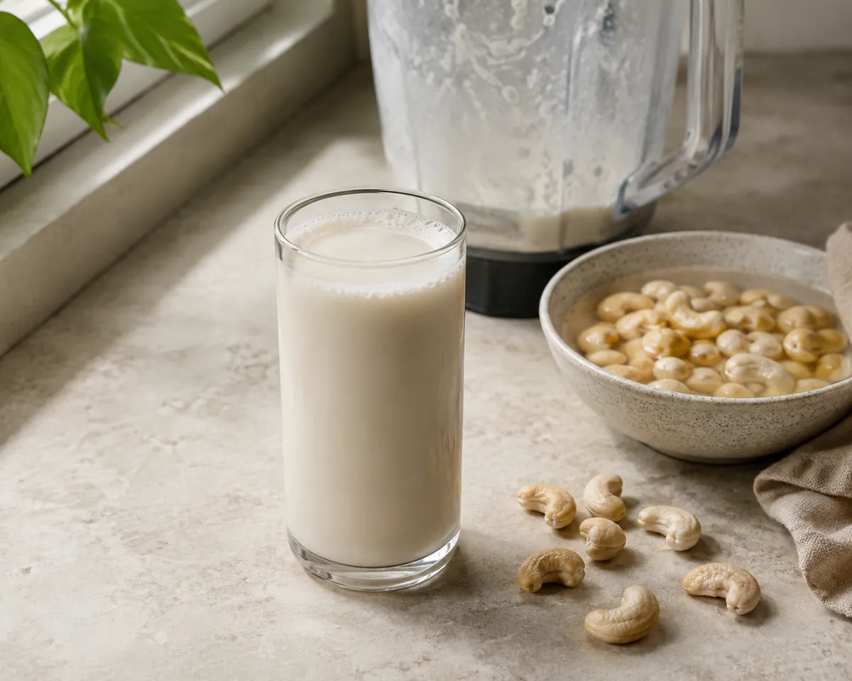 A glass of cashew milk beside soaked cashews and a blender jug