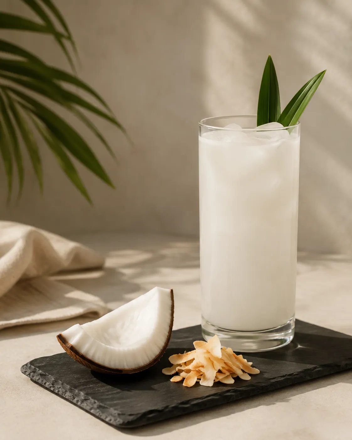 A glass of pale coconut drink beside a piece of fresh white coconut flesh and a small pile of lightly toasted coconut shavings