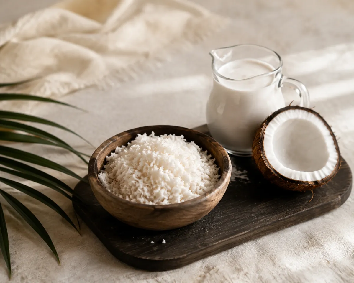 A bowl of freshly grated white coconut flesh beside a small jug of thick pressed coconut cream and a halved brown coconut shell