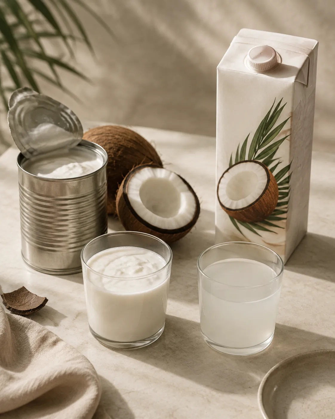 A tin of thick coconut milk beside a carton of thin coconut drink, each poured into a glass to show the difference