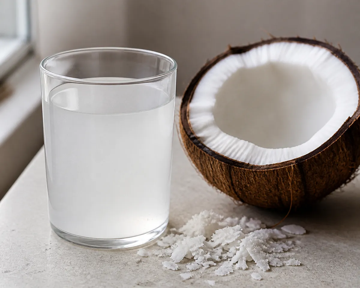 A glass of coconut milk drink beside a halved coconut on a pale stone surface