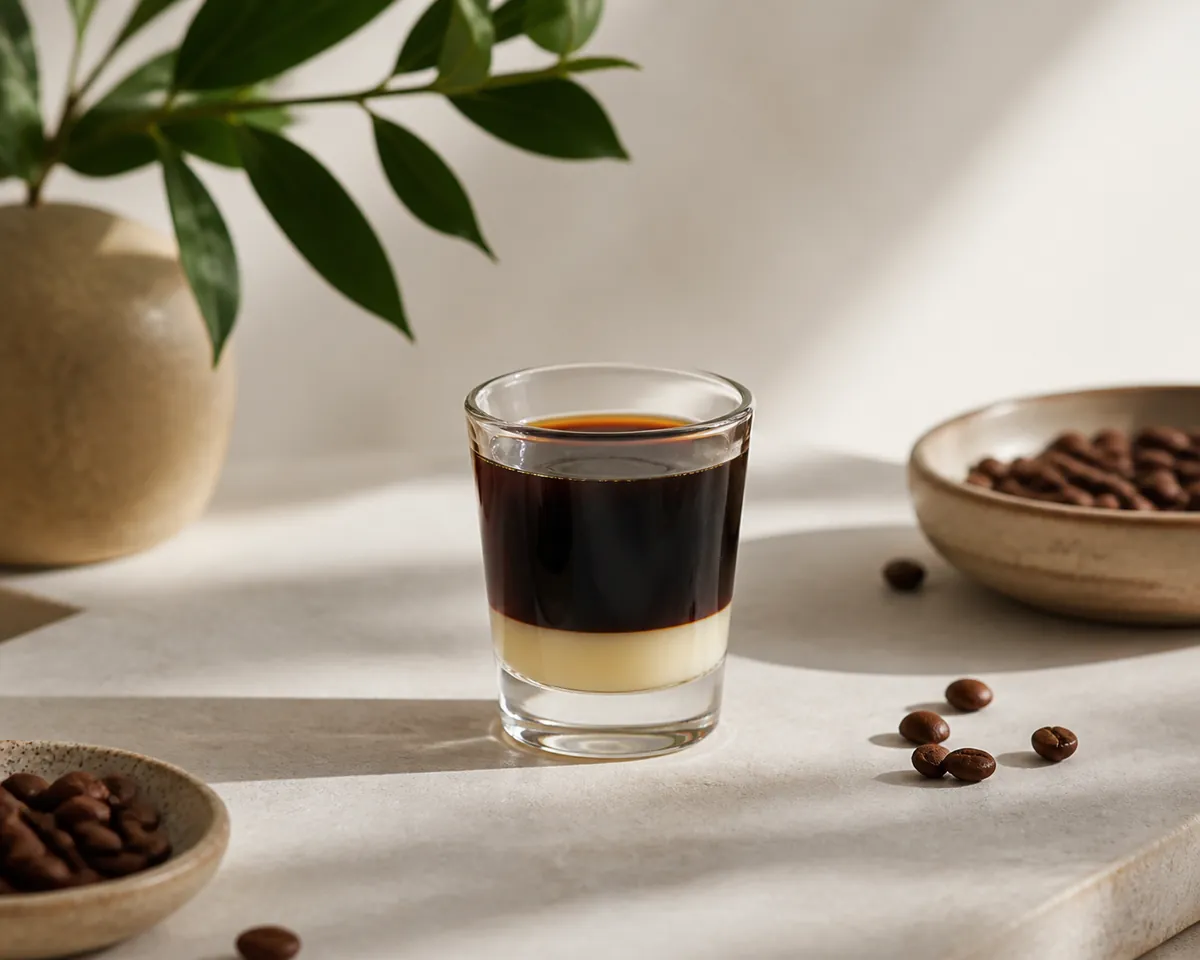 A small glass of dark coffee with a distinct pale layer of condensed milk settled at the bottom, not yet stirred