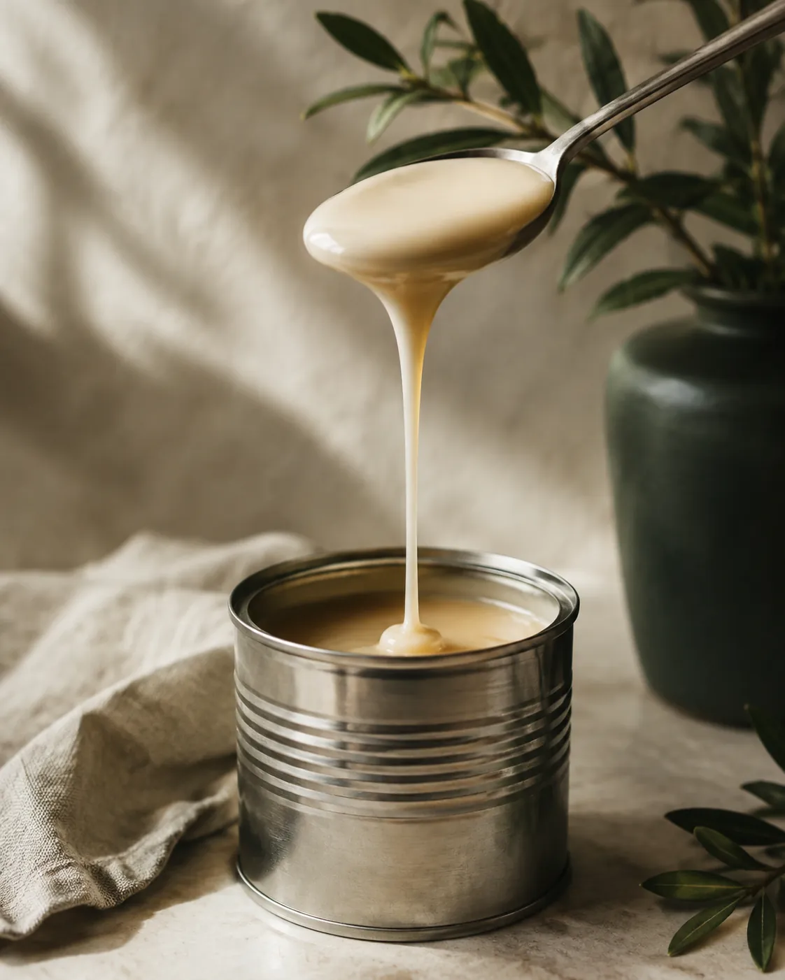 A warmed spoon lifting a thick ribbon of condensed milk from an open tin, the syrup drawing out into a slow thread