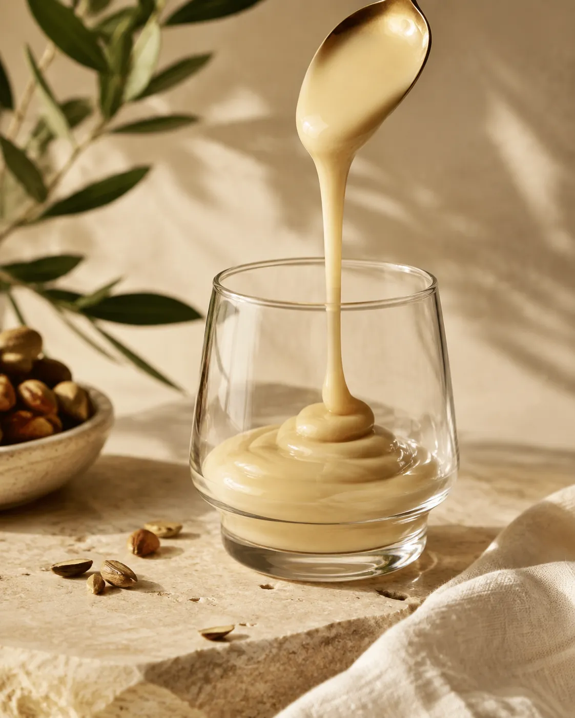 A thick ribbon of ivory condensed milk falling slowly from a spoon into a glass, holding its shape as it lands