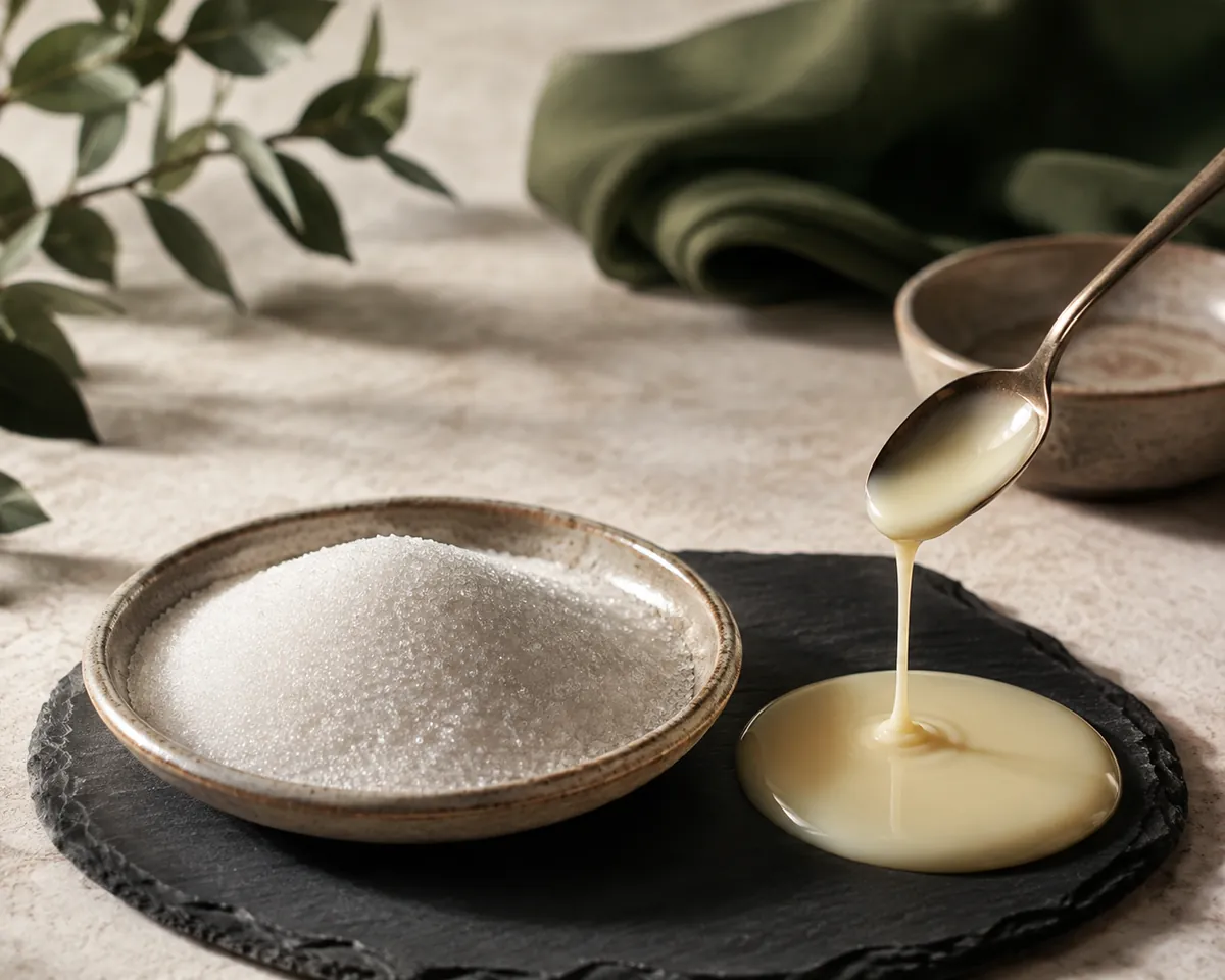 A dish heaped with granulated sugar beside a small pool of thick ivory condensed milk, a spoon drawing a thread between them