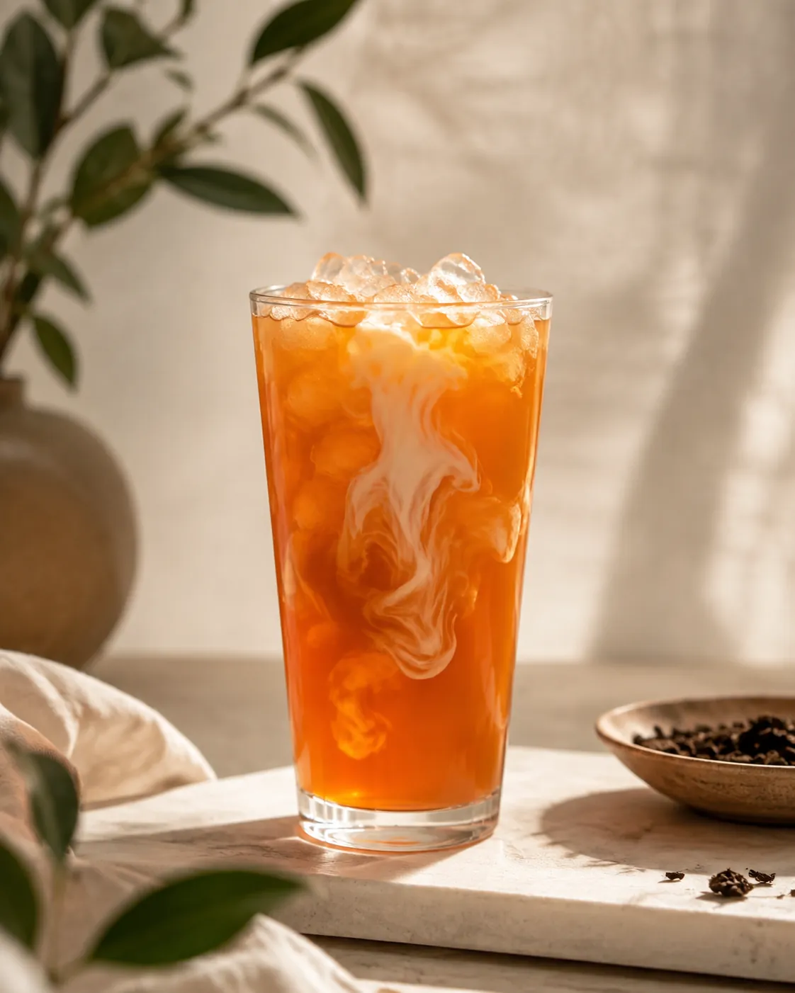 A tall glass of orange Thai iced tea on crushed ice with a pale layer of milk swirling down through it