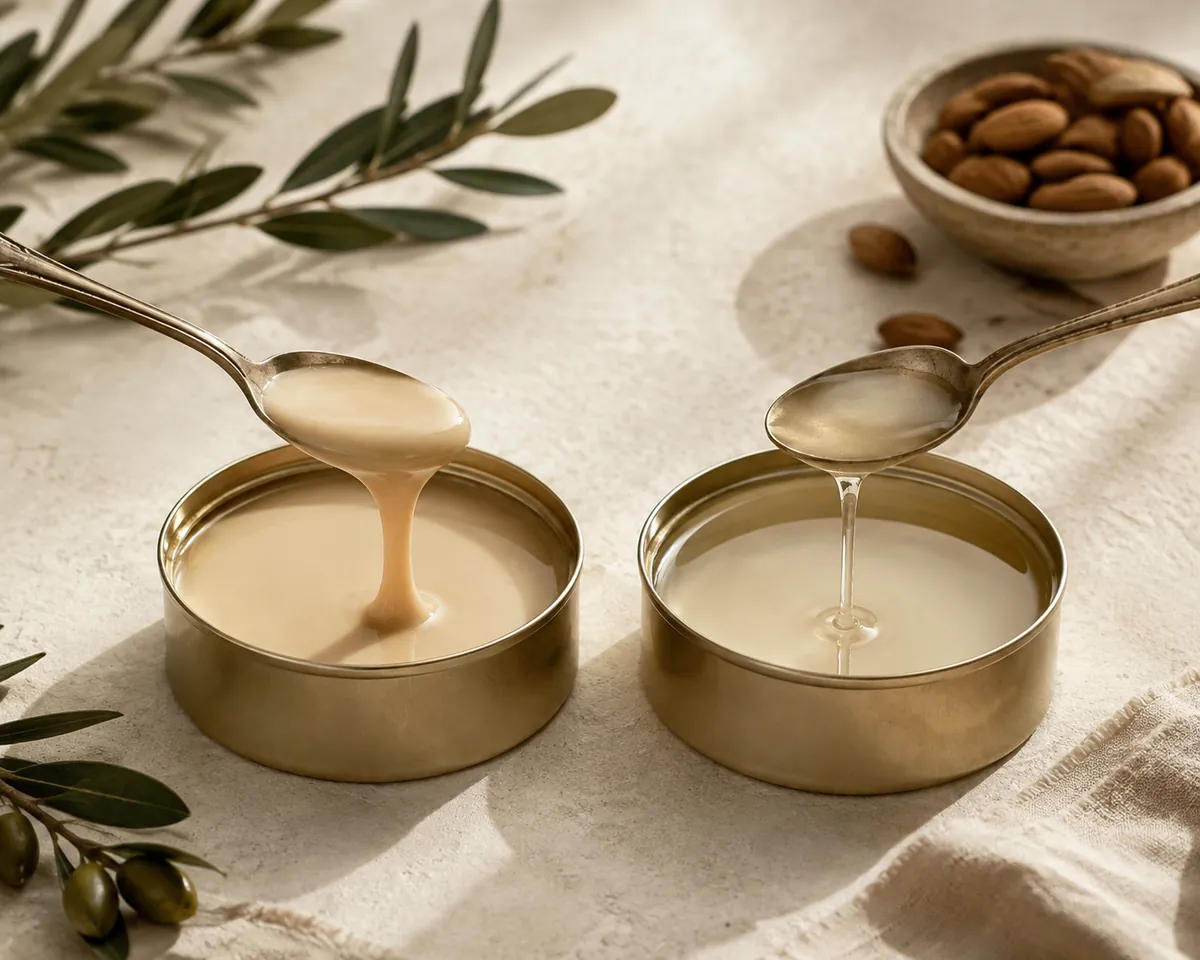Two open tins side by side, the left holding thick ivory syrup and the right a thin pale liquid, each with a spoon lifted from it