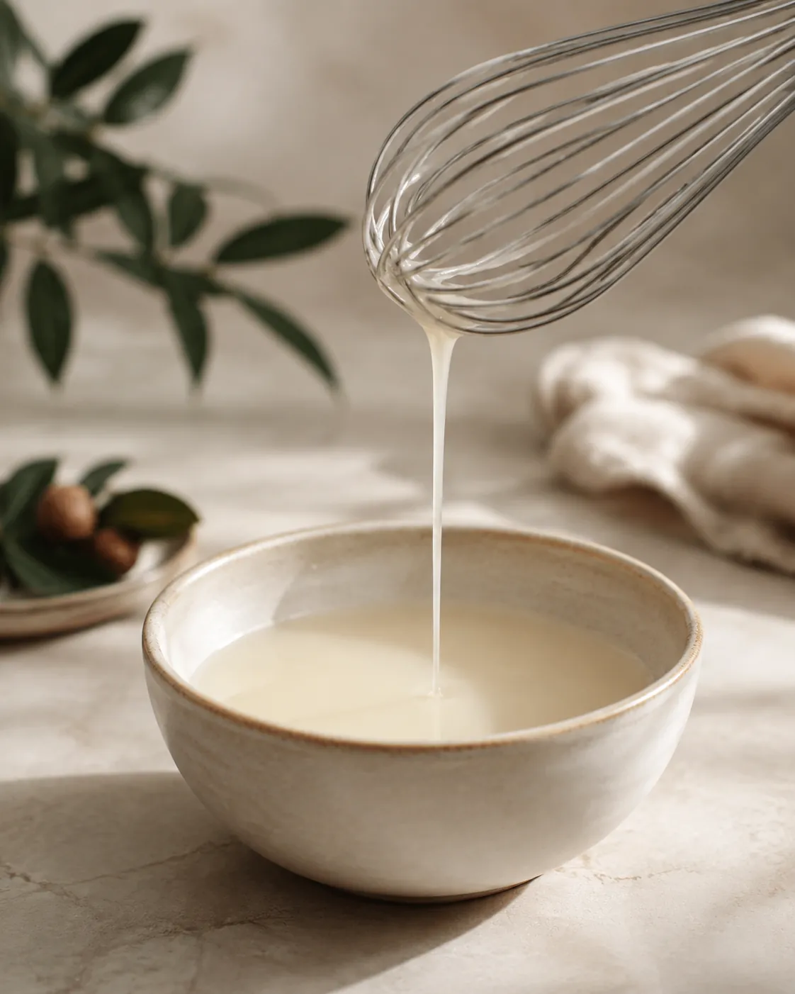 A whisk lifted from thin ivory syrup that runs straight off the wires without holding any shape