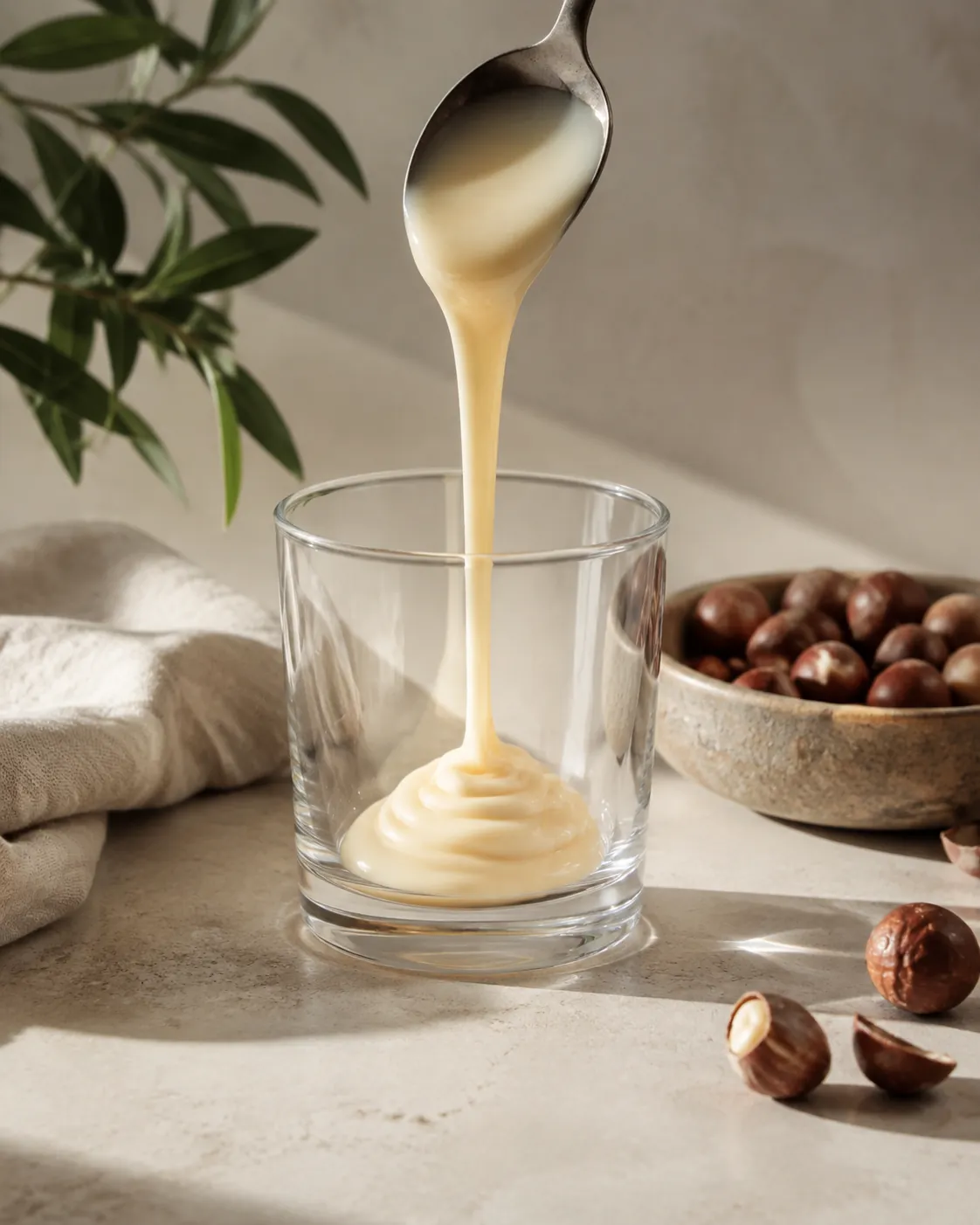 A thick ribbon of ivory condensed milk falling slowly from a spoon into a glass