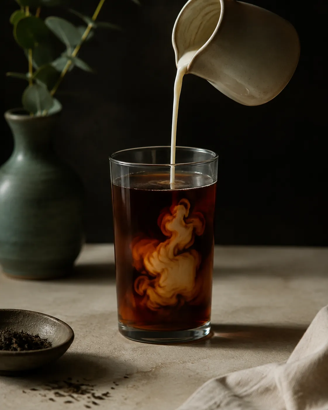 A pale stream of evaporated milk falling into a glass of very dark tea, curling into pale plumes through the liquid