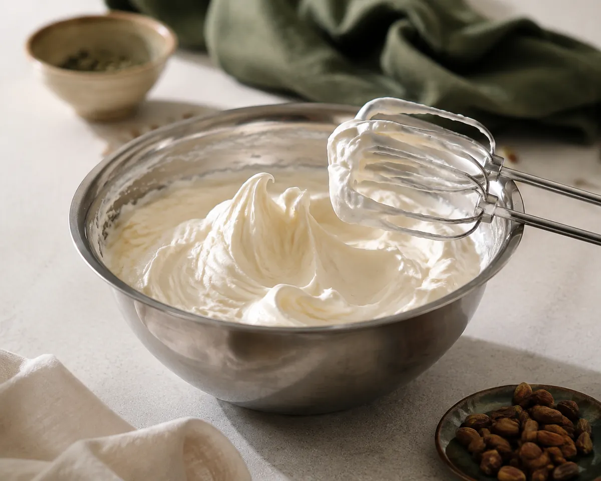 A chilled metal bowl of whipped evaporated milk holding soft drooping peaks, the beaters resting across the rim