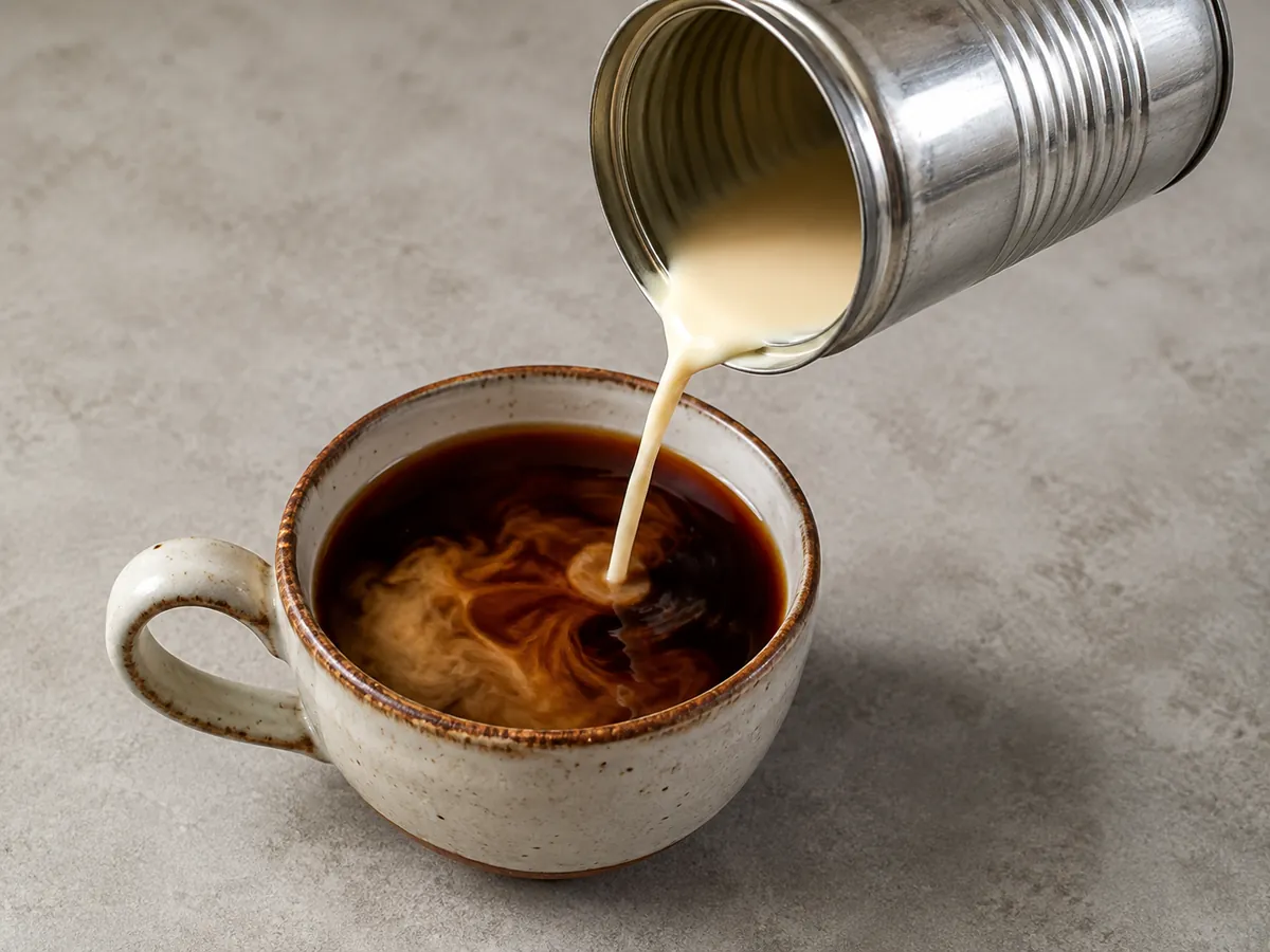 An open tin of evaporated milk pouring into a cup of dark tea