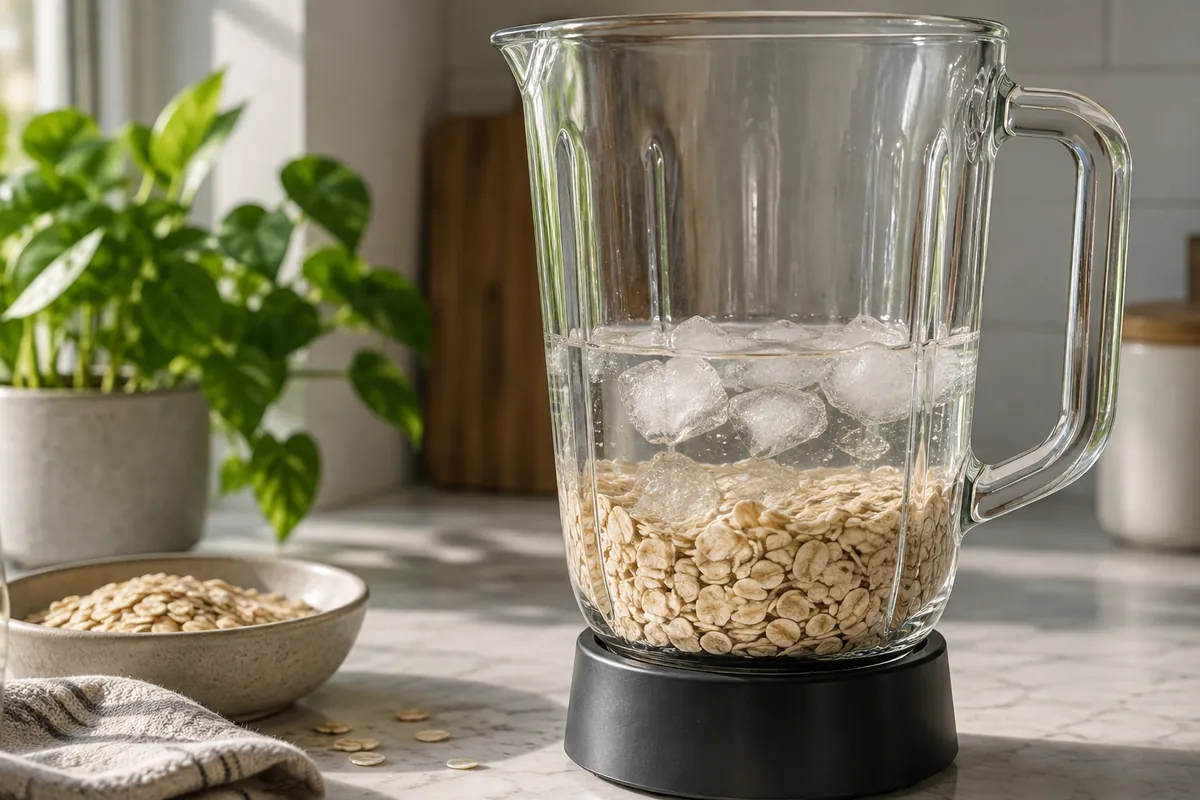 A blender jug holding cold water and rolled oats with a few ice cubes visible near the surface