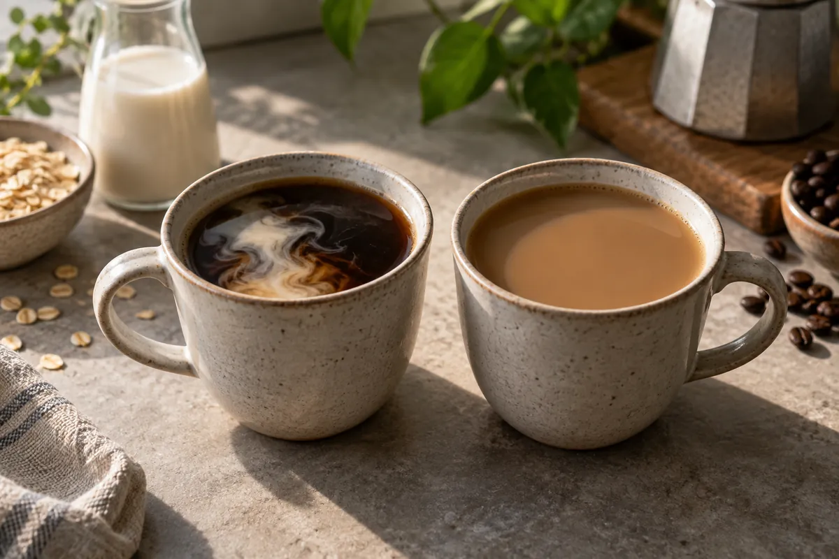 Two cups of coffee side by side, one with homemade oat milk lightly feathered and one with commercial oat drink smoothly mixed