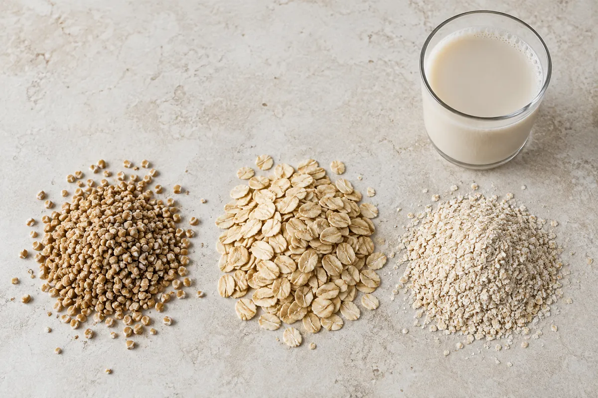 Three separate piles of steel-cut oats, rolled oats and instant oats beside a glass of pale oat drink
