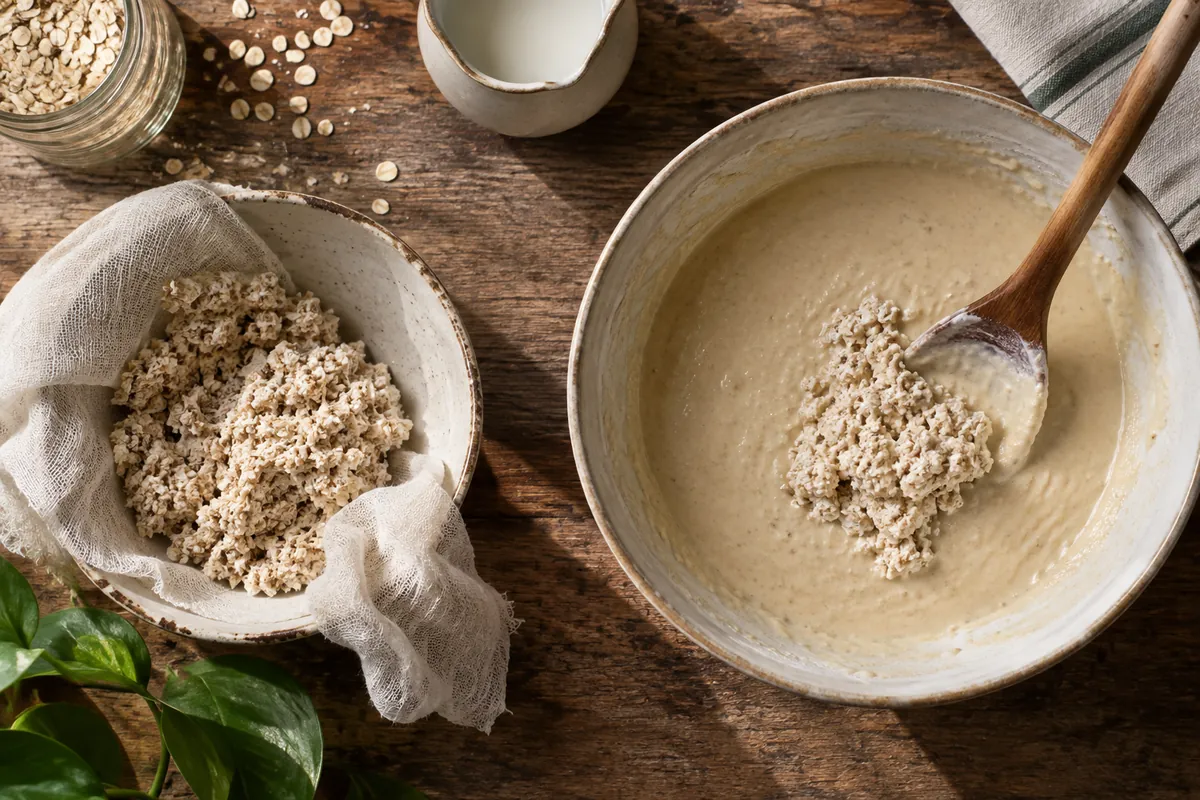 A bowl of damp oat pulp beside a spoonful folded into pancake batter on a kitchen worktop