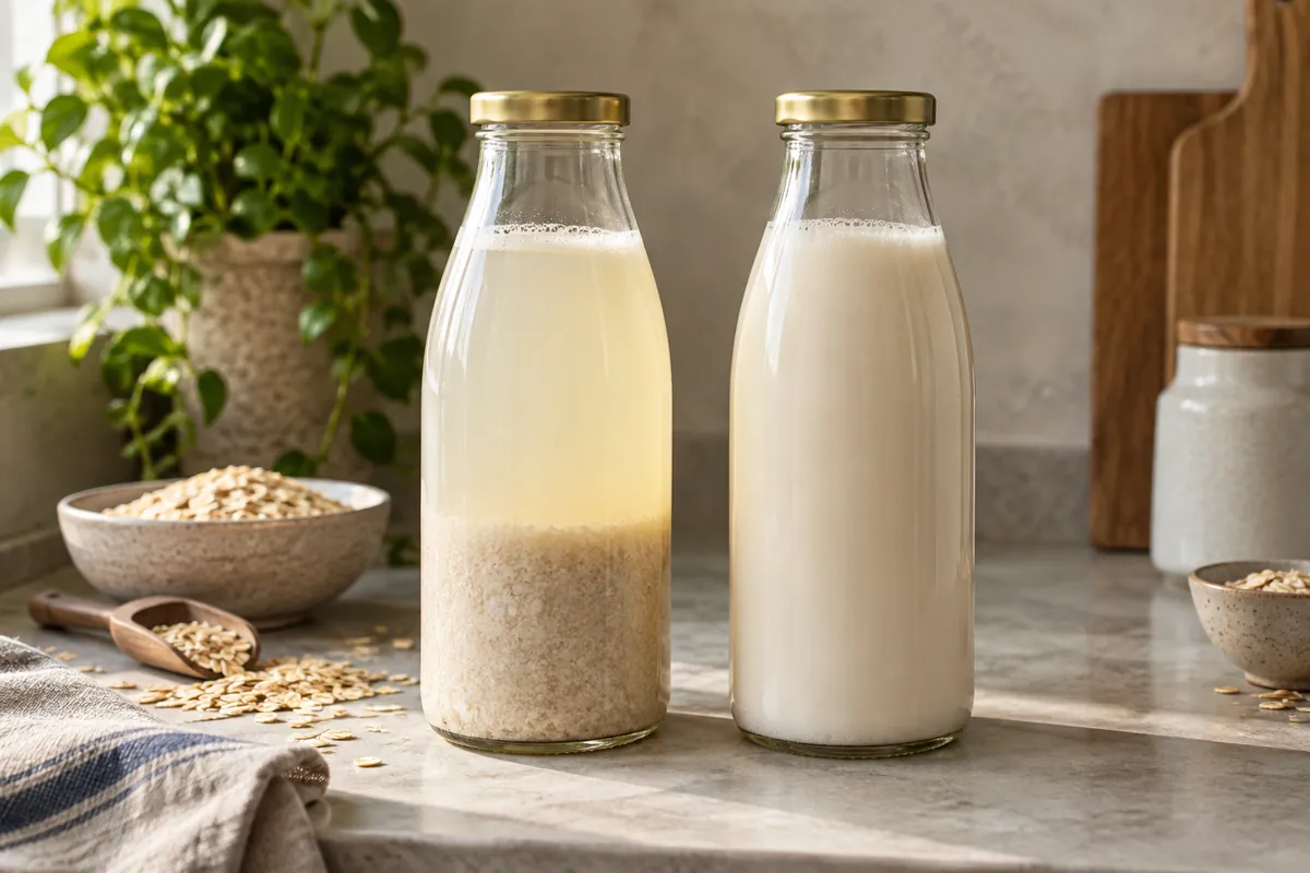 A clear bottle of homemade oat milk with a visible pale sediment layer at the bottom beside the same bottle after shaking