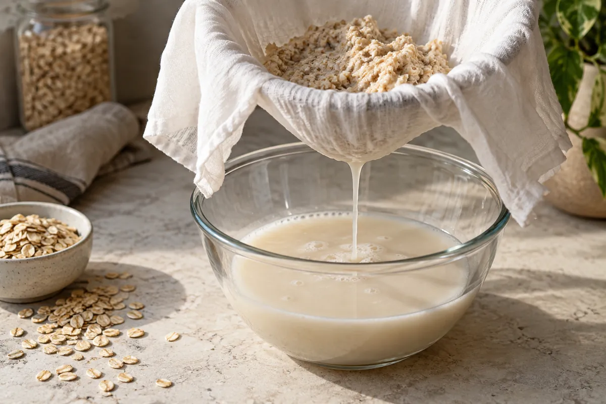 Pale oat liquid draining by gravity through a fine cloth into a glass bowl with oat pulp left above