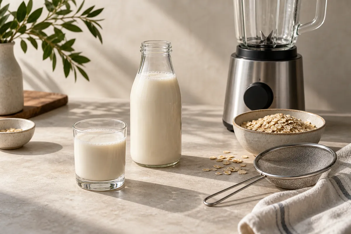 A glass bottle of pale homemade oat milk beside rolled oats, a blender jug and a fine strainer
