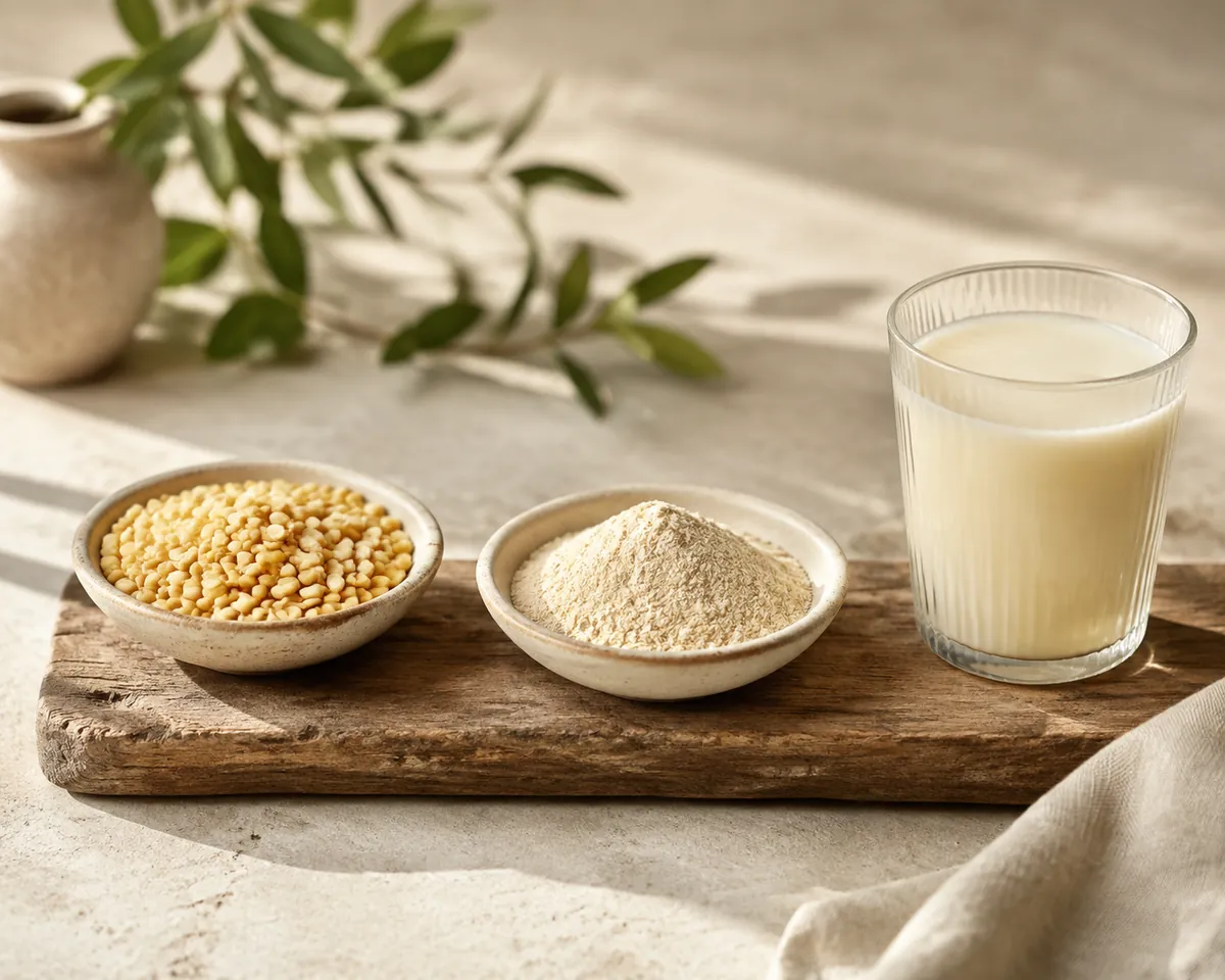 Three stages in a row: dried yellow split peas, fine pale isolate powder, and a poured glass of pale plant drink