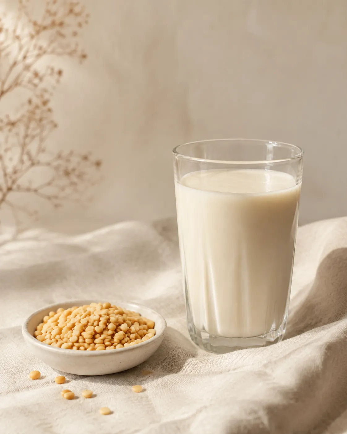 A glass of pale pea milk beside dried yellow split peas
