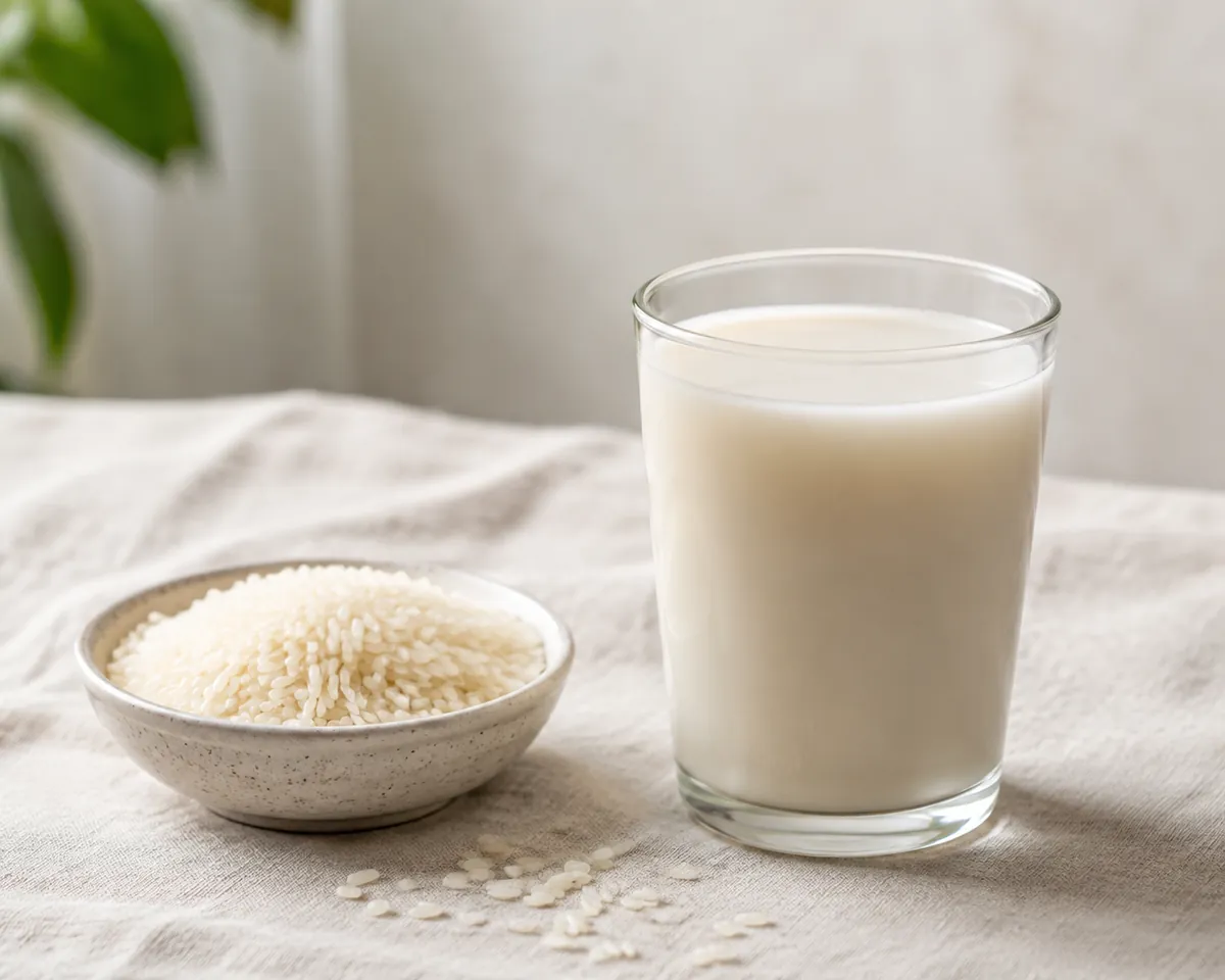 A glass of rice milk beside a small dish of uncooked white rice on a pale stone surface