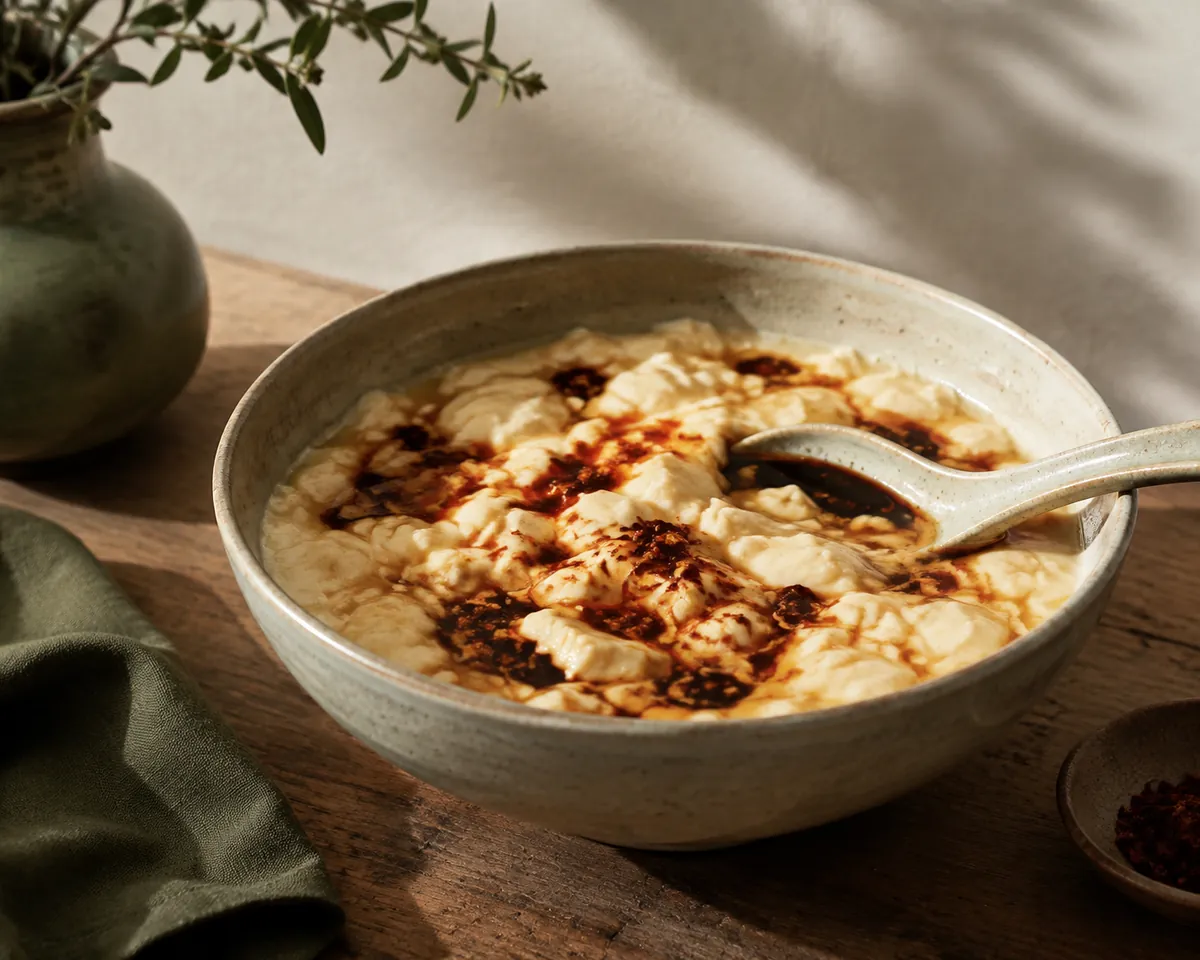 A bowl of hot savoury soy milk broken into soft white curds with dark vinegar and a slick of chilli oil on the surface