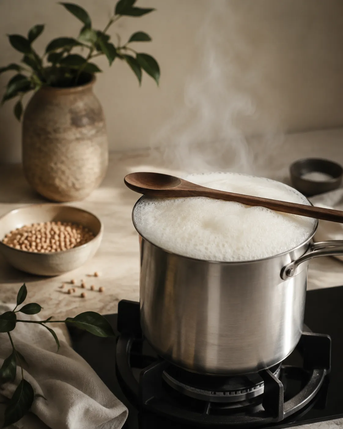 A tall pan of pale soy milk on a hob with a thick foam rising towards the rim and a wooden spoon resting in it