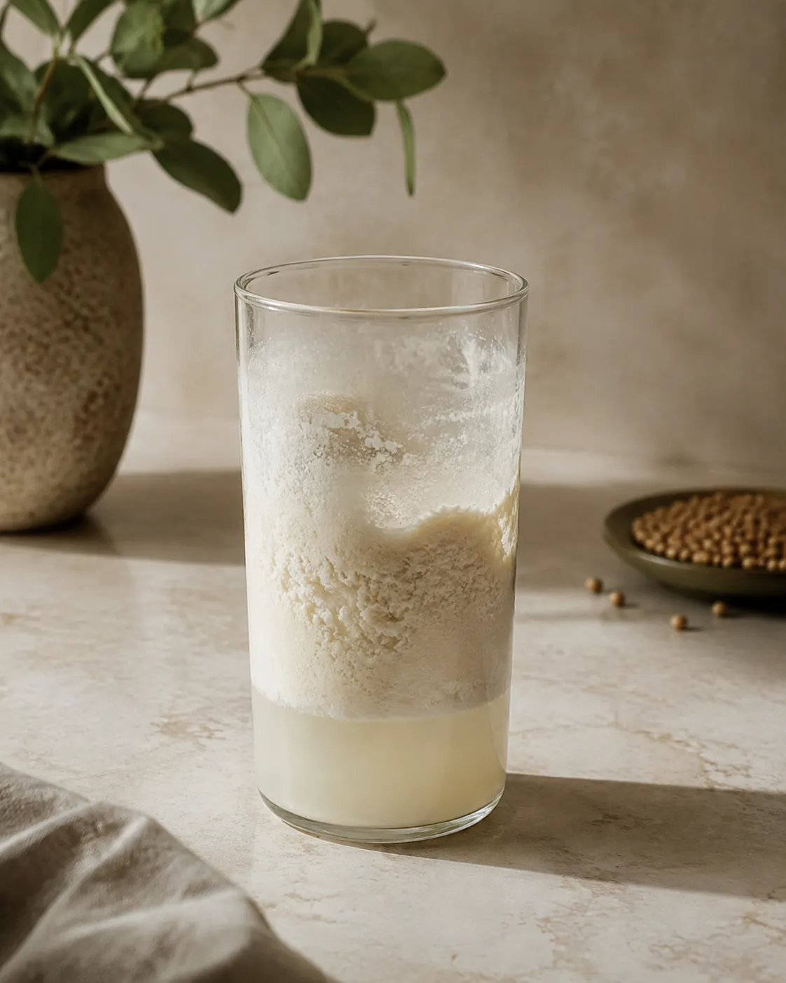 A glass of soy milk that has gone thick and clotted, lumps clinging to the inside of the glass above the liquid