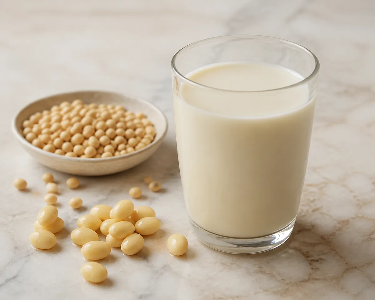 A glass of soy milk beside a small dish of dried soybeans on a pale stone surface