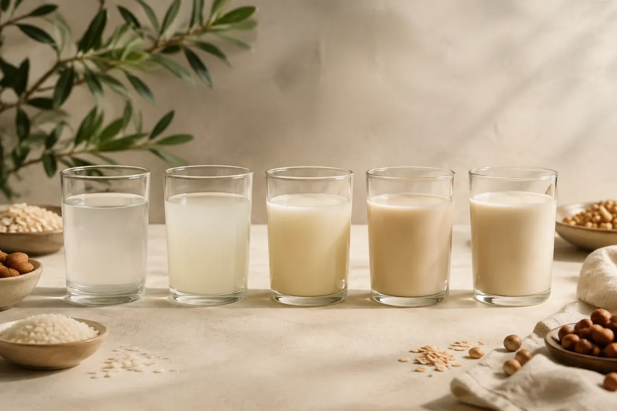 Five glasses of plant drink in a row, differing in opacity from translucent to creamy